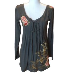 Johnny Was Long-Sleeved Pin Tuck Front Floral Crane Embroidered Tunic Top Size S